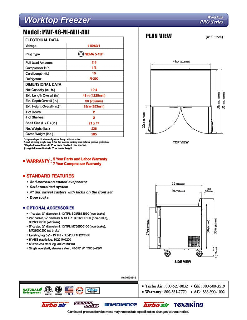 Turbo Air PWF-48-N 48 1/4" Worktop Freezer w/ 2 Sections, 2 Solid Doors - Donut-Equipment.com