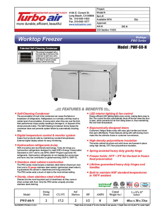 Turbo Air PWF-60-N 60 1/4" Worktop Freezer w/ (2) Sections, 2 Solid Doors - Bakery Wholesalers