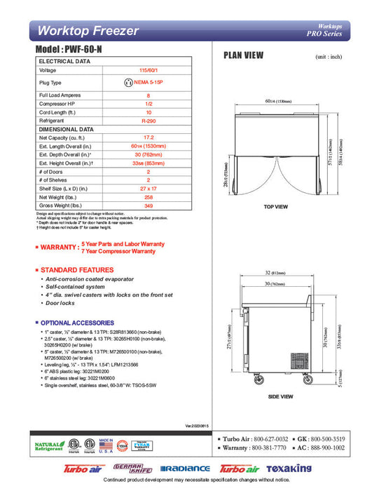 Turbo Air PWF-60-N 60 1/4" Worktop Freezer w/ (2) Sections, 2 Solid Doors - Bakery Wholesalers