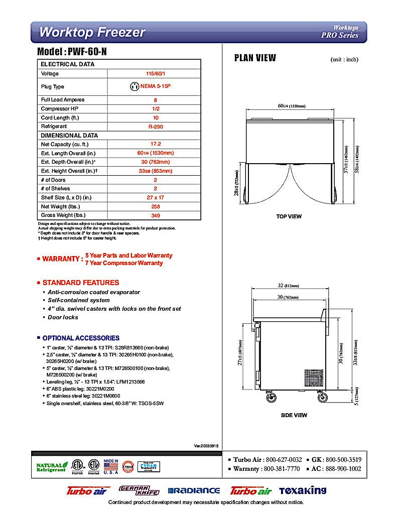 Turbo Air PWF-60-N 60 1/4" Worktop Freezer w/ (2) Sections, 2 Solid Doors - Donut-Equipment.com