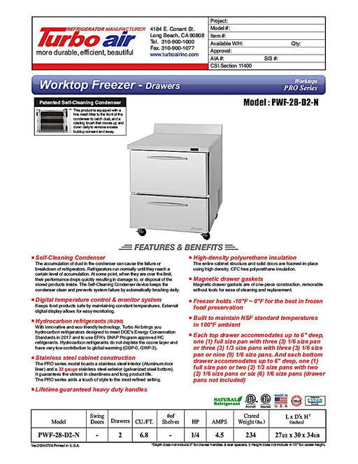 Turbo Air PWF-28-D2-N 27 1/2" Worktop Freezer w/ 1 Section, 2 Drawers - Donut-Equipment.com