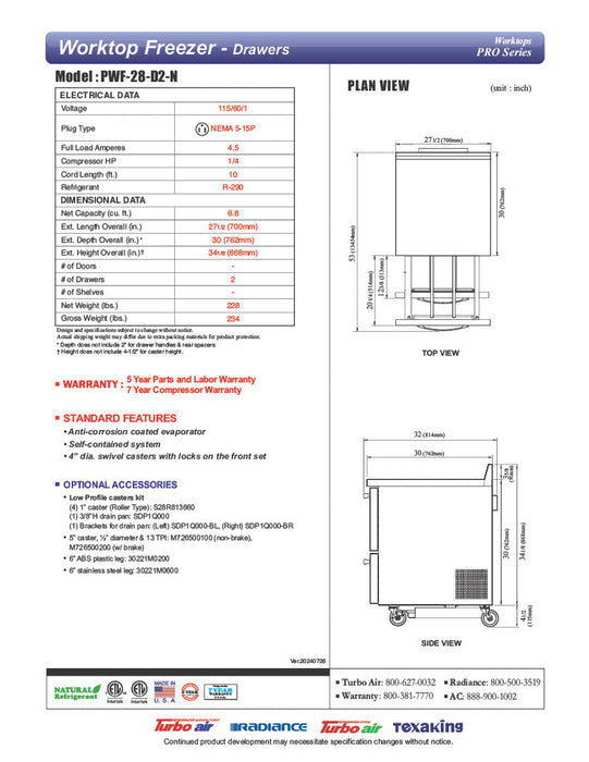 Turbo Air PWF-28-D2-N 27 1/2" Worktop Freezer w/ 1 Section, 2 Drawers - Bakery Wholesalers