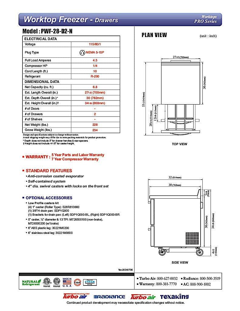 Turbo Air PWF-28-D2-N 27 1/2" Worktop Freezer w/ 1 Section, 2 Drawers - Donut-Equipment.com