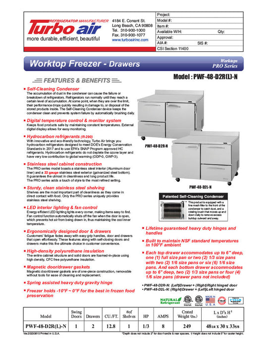 Turbo Air PWF-48-D2R-N 48 1/4" Worktop Freezer w/ 2 Sections, 2 Drawers & 1 Solid Door - Bakery Wholesalers