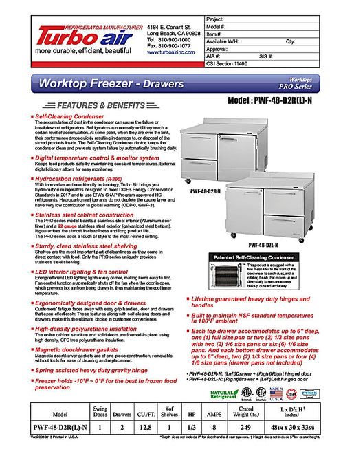 Turbo Air PWF-48-D2R-N 48 1/4" Worktop Freezer w/ 2 Sections, 2 Drawers & 1 Solid Door - Donut-Equipment.com