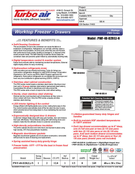 Turbo Air PWF-48-D2R-N 48 1/4" Worktop Freezer w/ 2 Sections, 2 Drawers & 1 Solid Door - Bakery Wholesalers