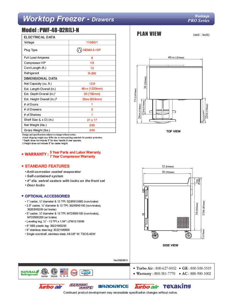 Turbo Air PWF-48-D2R-N 48 1/4" Worktop Freezer w/ 2 Sections, 2 Drawers & 1 Solid Door - Donut-Equipment.com