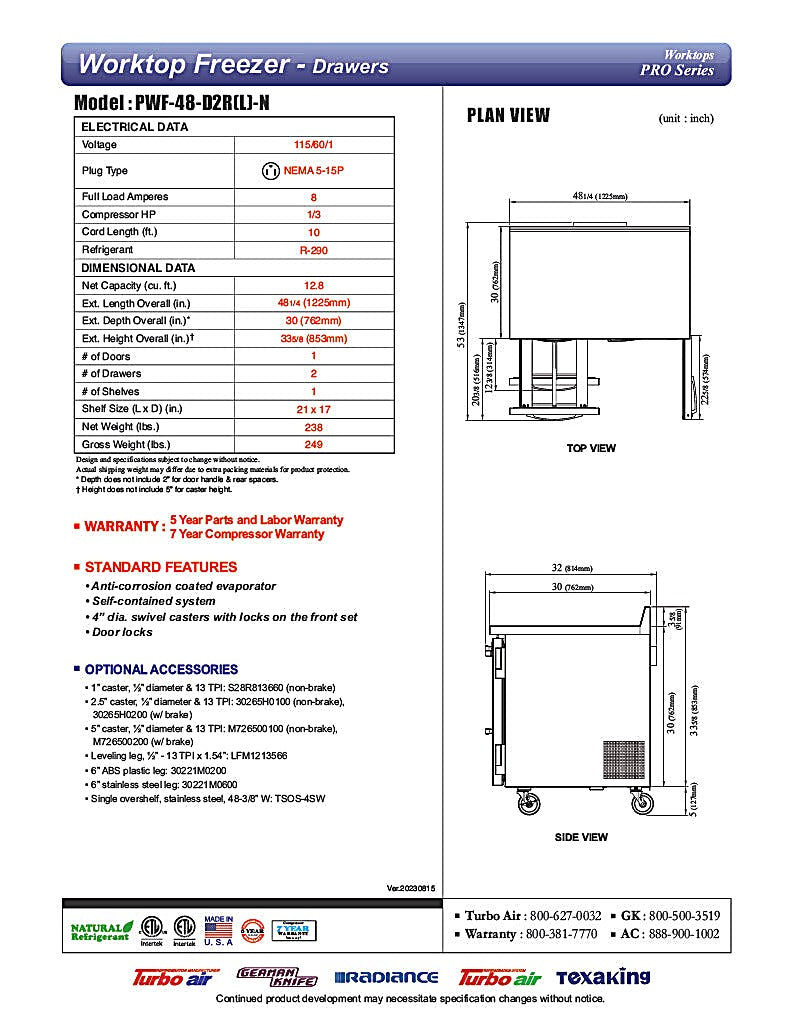 Turbo Air PWF-48-D2R-N 48 1/4" Worktop Freezer w/ 2 Sections, 2 Drawers & 1 Solid Door - Donut-Equipment.com