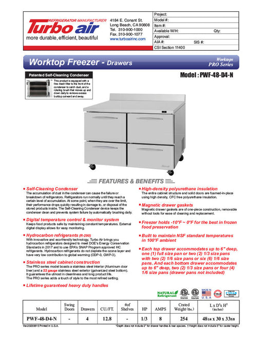 Turbo Air PWF-48-D4-N 48 1/4" Worktop Freezer w/ 2 Sections, 4 Drawers - Bakery Wholesalers