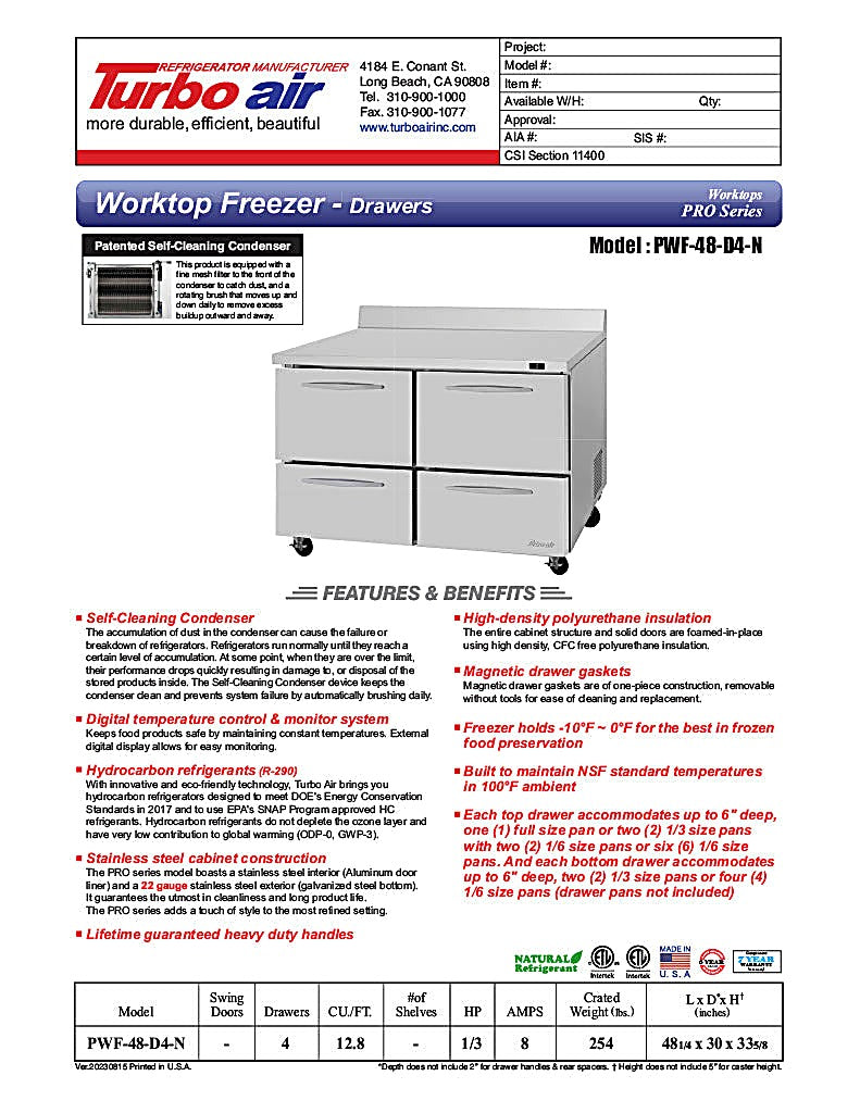 Turbo Air PWF-48-D4-N 48 1/4" Worktop Freezer w/ 2 Sections, 4 Drawers - Donut-Equipment.com