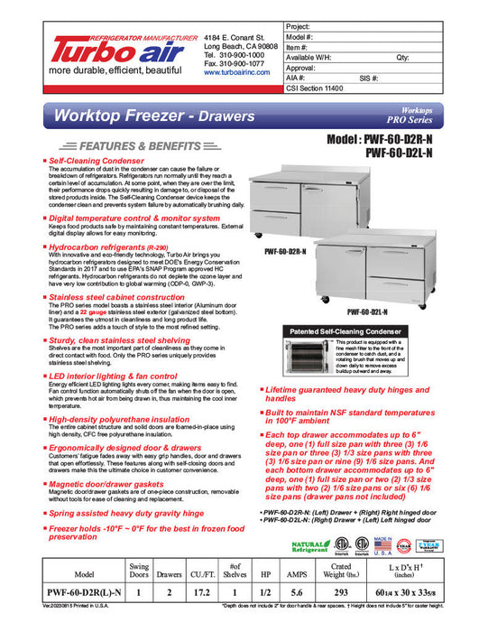 Turbo Air PWF-60-D2R-N 60 1/4" Worktop Freezer w/ 2 Sections, 2 Drawers & 1 Solid Door - Bakery Wholesalers