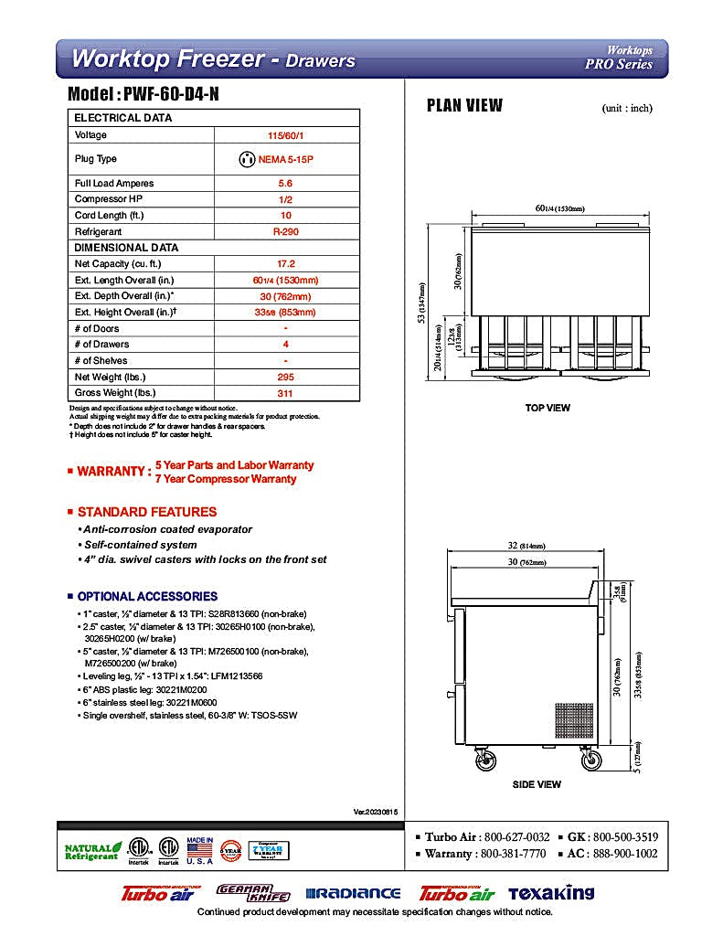 Turbo Air PWF-60-D4-N 60 1/4" Worktop Freezer w/ 2 Sections, 4 Drawers - Donut-Equipment.com