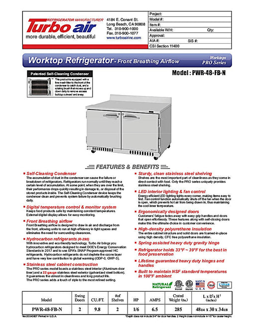 Turbo Air PWR-48-FB-N 48 1/4" Worktop Refrigerator w/ (2) Sections, 2 Solid Doors, Front Breathing - Donut-Equipment.com
