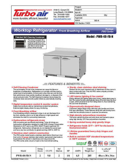 Turbo Air PWR-48-FB-N 48 1/4" Worktop Refrigerator w/ (2) Sections, 2 Solid Doors, Front Breathing - Bakery Wholesalers