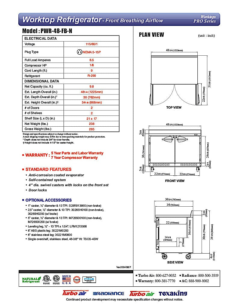 Turbo Air PWR-48-FB-N 48 1/4" Worktop Refrigerator w/ (2) Sections, 2 Solid Doors, Front Breathing - Donut-Equipment.com