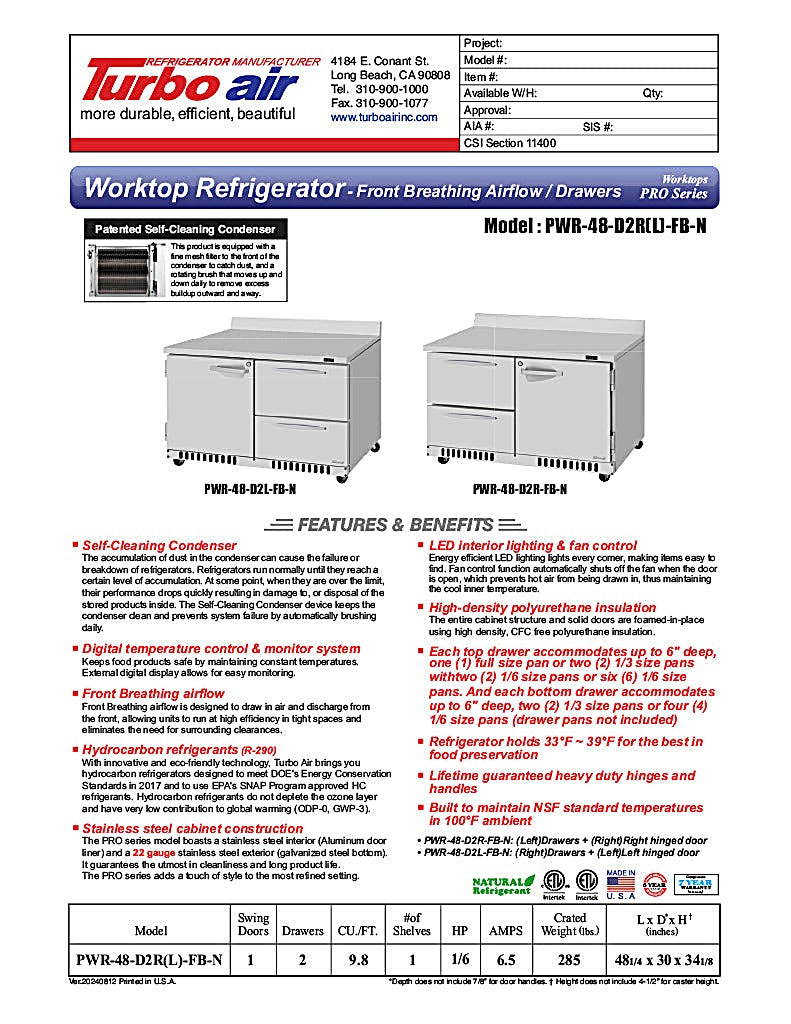 Turbo Air PWR-48-D2R(L)-FB-N 48 1/4" Worktop Refrigerator w/ (2) Sections, 2 Drawers & 1 Solid Door, Front Breathing - Donut-Equipment.com