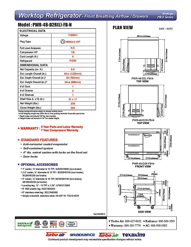 Turbo Air PWR-48-D2R(L)-FB-N 48 1/4" Worktop Refrigerator w/ (2) Sections, 2 Drawers & 1 Solid Door, Front Breathing - Donut-Equipment.com