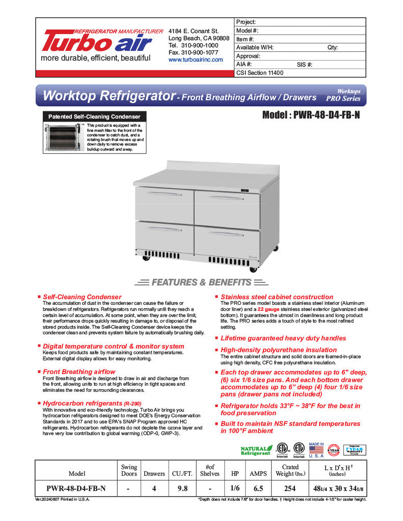 Turbo Air PWR-48-D4-FB-N 48 1/4" Worktop Refrigerator w/ (2) Sections, 4 Drawers, Front Breathing - Donut-Equipment.com