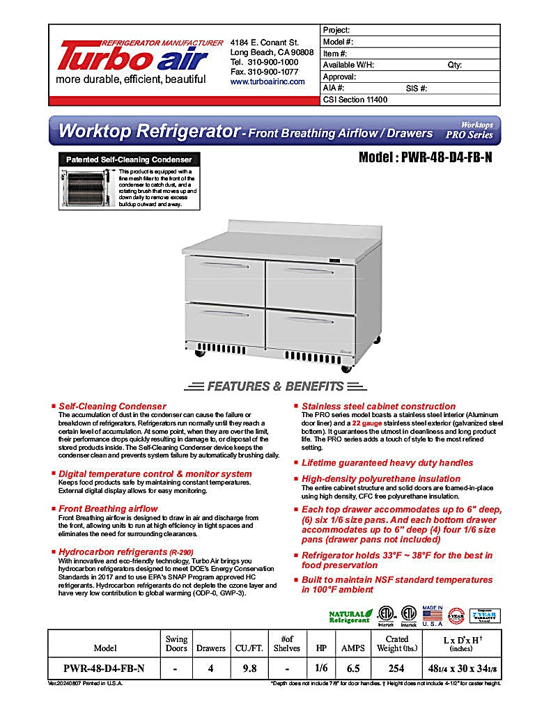 Turbo Air PWR-48-D4-FB-N 48 1/4" Worktop Refrigerator w/ (2) Sections, 4 Drawers, Front Breathing - Donut-Equipment.com