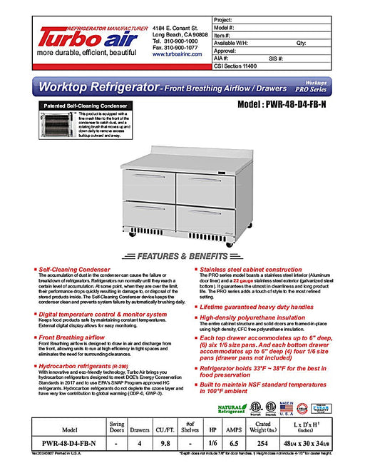 Turbo Air PWR-48-D4-FB-N 48 1/4" Worktop Refrigerator w/ (2) Sections, 4 Drawers, Front Breathing - Donut-Equipment.com
