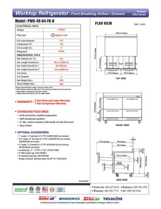 Turbo Air PWR-48-D4-FB-N 48 1/4" Worktop Refrigerator w/ (2) Sections, 4 Drawers, Front Breathing - Bakery Wholesalers