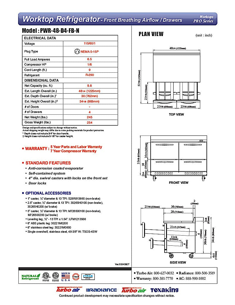 Turbo Air PWR-48-D4-FB-N 48 1/4" Worktop Refrigerator w/ (2) Sections, 4 Drawers, Front Breathing - Donut-Equipment.com