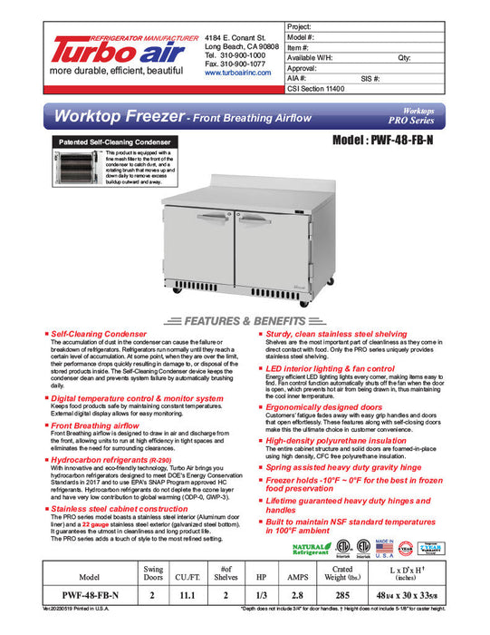 Turbo Air PWF-48-FB-N 48 1/4"W Worktop Freezer w/ (2) Sections & 2 Doors - Bakery Wholesalers