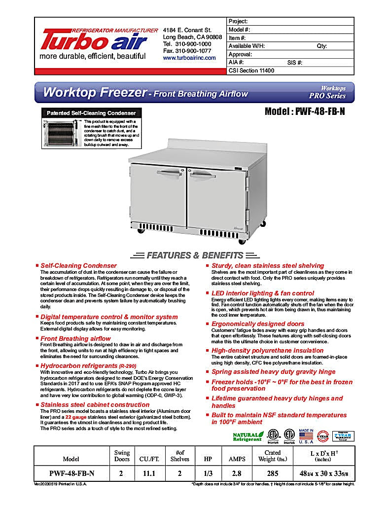 Turbo Air PWF-48-FB-N 48 1/4"W Worktop Freezer w/ (2) Sections & 2 Doors - Donut-Equipment.com