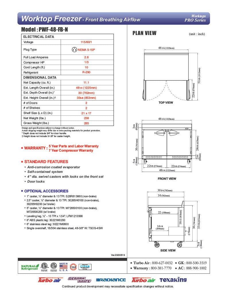 Turbo Air PWF-48-FB-N 48 1/4"W Worktop Freezer w/ (2) Sections & 2 Doors - Donut-Equipment.com