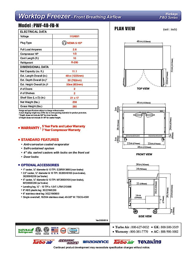 Turbo Air PWF-48-FB-N 48 1/4"W Worktop Freezer w/ (2) Sections & 2 Doors - Donut-Equipment.com