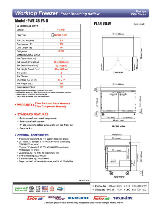 Turbo Air PWF-48-FB-N 48 1/4"W Worktop Freezer w/ (2) Sections & 2 Doors - Bakery Wholesalers