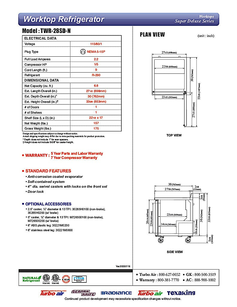 Turbo Air TWR-28SD-N 27 1/2" Super Deluxe Worktop Refrigerator w/ (1) Section, 1 Solid Door - Donut-Equipment.com