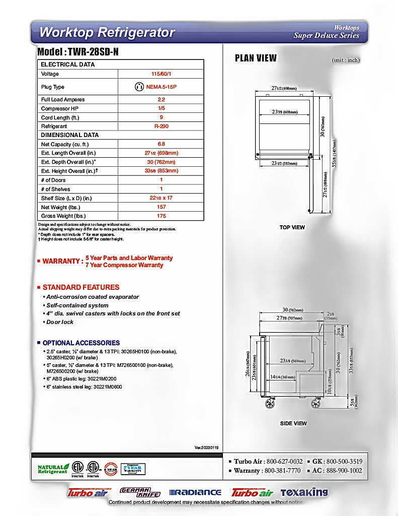 Turbo Air TWR-28SD-N 27 1/2" Super Deluxe Worktop Refrigerator w/ (1) Section, 1 Solid Door - Donut-Equipment.com