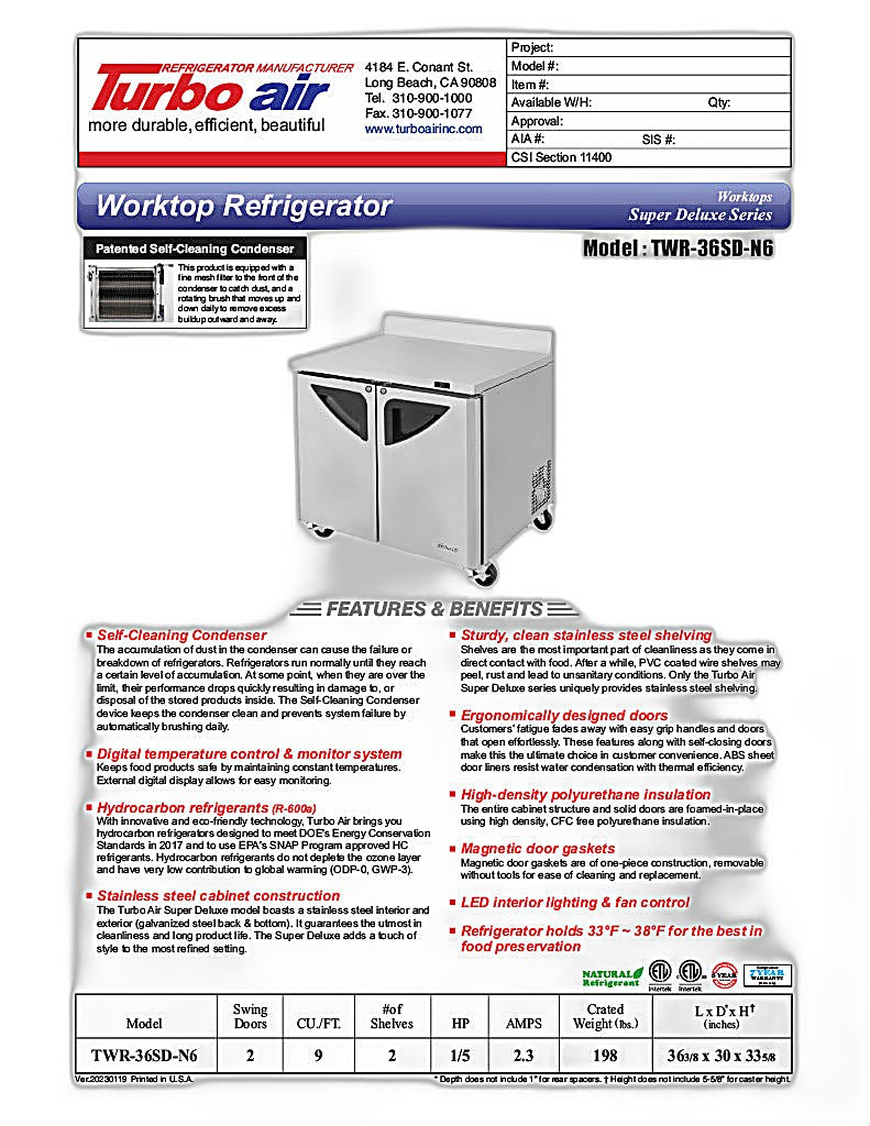 Turbo Air TWR-36SD-N6 36 1/4" Super Deluxe Worktop Refrigerator w/ (1) Section, 1 Solid Door - Donut-Equipment.com