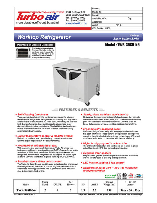 Turbo Air TWR-36SD-N6 36 1/4" Super Deluxe Worktop Refrigerator w/ (1) Section, 1 Solid Door - Bakery Wholesalers