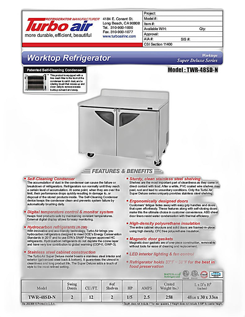 Turbo Air TWR-48SD-N 48 1/4" Super Deluxe Worktop Refrigerator w/ (2) Sections, 2 Solid Doors - Donut-Equipment.com