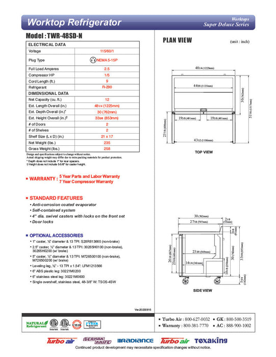 Turbo Air TWR-48SD-N 48 1/4" Super Deluxe Worktop Refrigerator w/ (2) Sections, 2 Solid Doors - Bakery Wholesalers