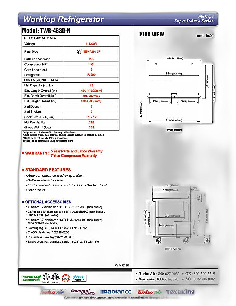 Turbo Air TWR-48SD-N 48 1/4" Super Deluxe Worktop Refrigerator w/ (2) Sections, 2 Solid Doors - Donut-Equipment.com