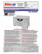 Turbo Air TWR-60SD-N 60 1/4" Super Deluxe Worktop Refrigerator w/ (2) Sections, 2 Solid Doors - Donut-Equipment.com