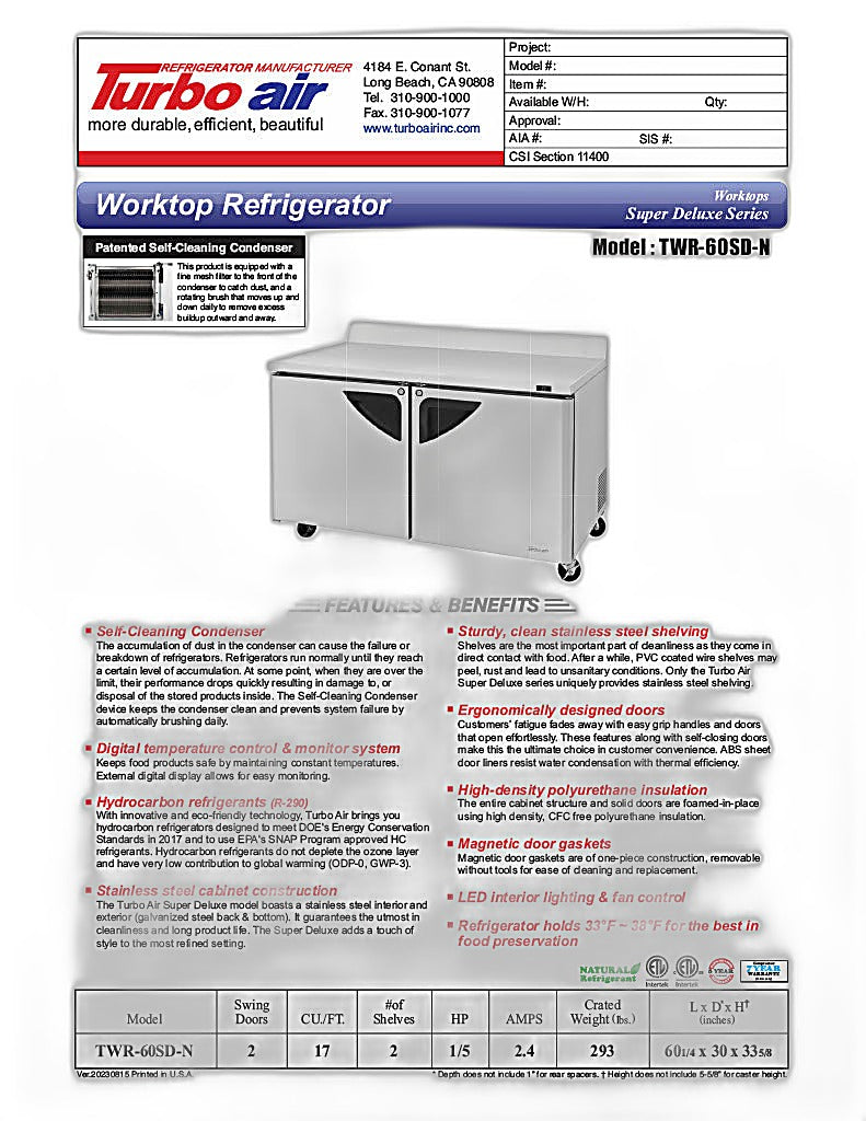 Turbo Air TWR-60SD-N 60 1/4" Super Deluxe Worktop Refrigerator w/ (2) Sections, 2 Solid Doors - Donut-Equipment.com