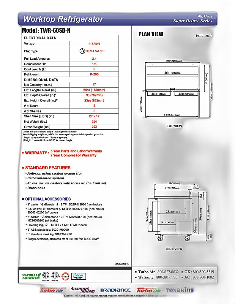 Turbo Air TWR-60SD-N 60 1/4" Super Deluxe Worktop Refrigerator w/ (2) Sections, 2 Solid Doors - Donut-Equipment.com