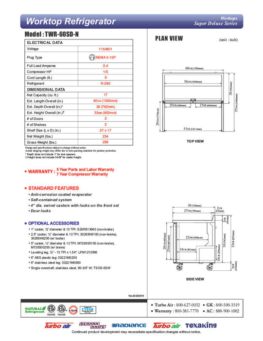Turbo Air TWR-60SD-N 60 1/4" Super Deluxe Worktop Refrigerator w/ (2) Sections, 2 Solid Doors - Bakery Wholesalers