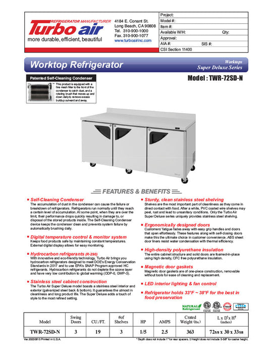 Turbo Air TWR-72SD-N 72 5/8" Super Deluxe Worktop Refrigerator w/ (3) Sections, 3 Solid Doors - Bakery Wholesalers