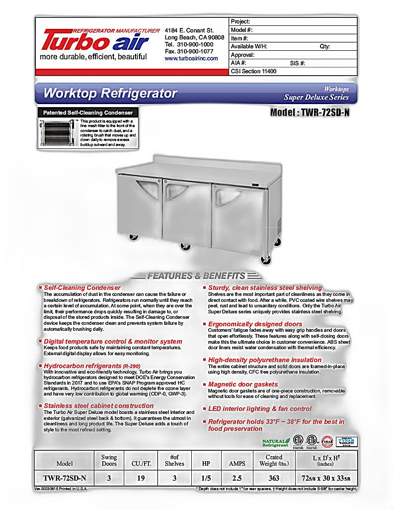 Turbo Air TWR-72SD-N 72 5/8" Super Deluxe Worktop Refrigerator w/ (3) Sections, 3 Solid Doors - Donut-Equipment.com