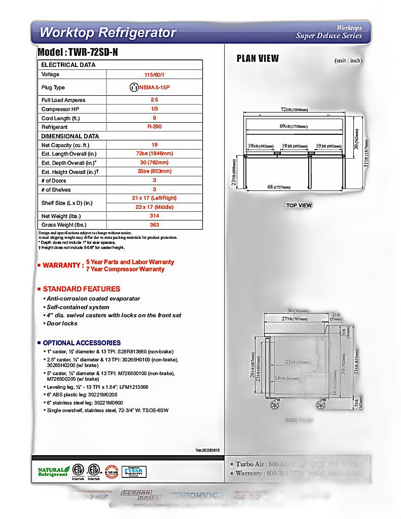 Turbo Air TWR-72SD-N 72 5/8" Super Deluxe Worktop Refrigerator w/ (3) Sections, 3 Solid Doors - Donut-Equipment.com
