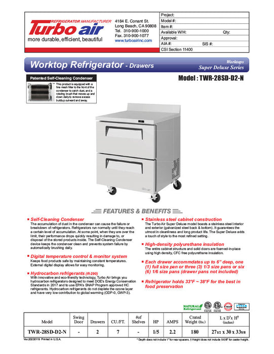 Turbo Air TWR-28SD-D2-N 27 1/2" Super Deluxe Worktop Refrigerator w/ (1) Section, 2 Drawers - Bakery Wholesalers