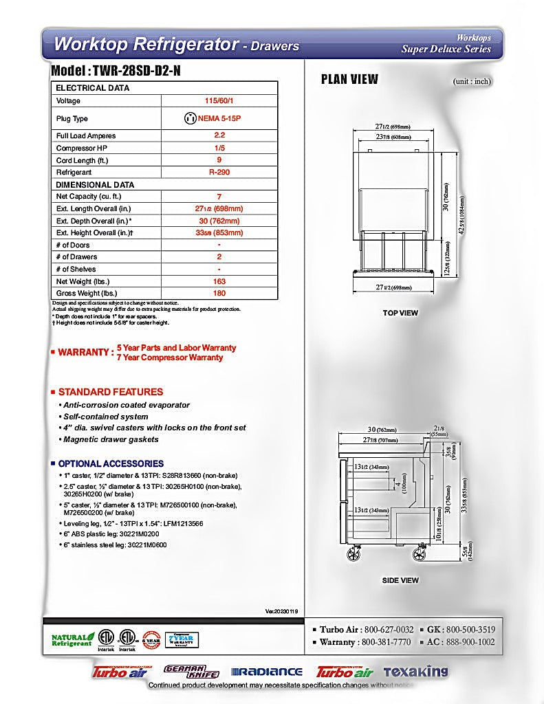 Turbo Air TWR-28SD-D2-N 27 1/2" Super Deluxe Worktop Refrigerator w/ (1) Section, 2 Drawers - Donut-Equipment.com