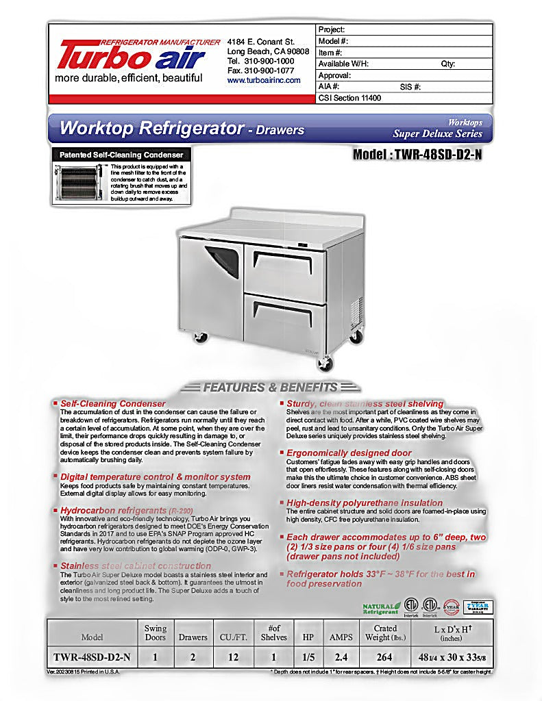 Turbo Air TWR-48SD-D2-N 48 1/4" Super Deluxe Worktop Refrigerator w/ (2) Sections, 2 Drawers & 1 Solid Door - Donut-Equipment.com