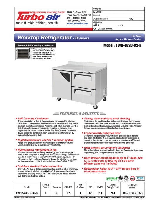 Turbo Air TWR-48SD-D2-N 48 1/4" Super Deluxe Worktop Refrigerator w/ (2) Sections, 2 Drawers & 1 Solid Door - Bakery Wholesalers