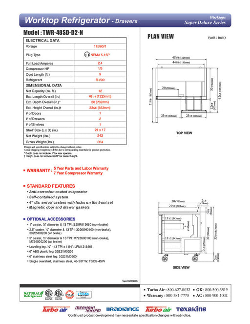 Turbo Air TWR-48SD-D2-N 48 1/4" Super Deluxe Worktop Refrigerator w/ (2) Sections, 2 Drawers & 1 Solid Door - Bakery Wholesalers